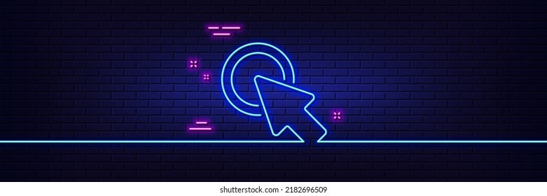 Neon light glow effect. Click here line icon. Push the button sign. Web cursor symbol. 3d line neon glow icon. Brick wall banner. Click here outline. Vector