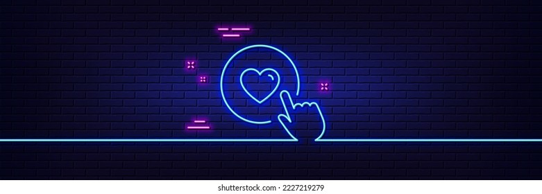 Neon light glow effect. Click like line icon. Love button symbol. Valentines day sign. 3d line neon glow icon. Brick wall banner. Like button outline. Vector