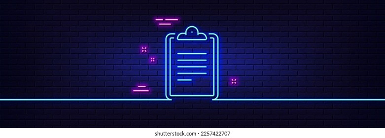 Neon light glow effect. Clipboard document line icon. Agreement file sign. Survey record symbol. 3d line neon glow icon. Brick wall banner. Clipboard outline. Vector