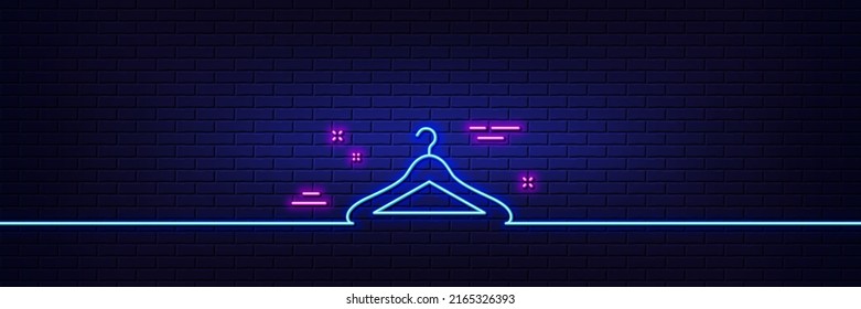 Neon light glow effect. Cloakroom line icon. Hanger wardrobe sign. Clothes service symbol. 3d line neon glow icon. Brick wall banner. Cloakroom outline. Vector