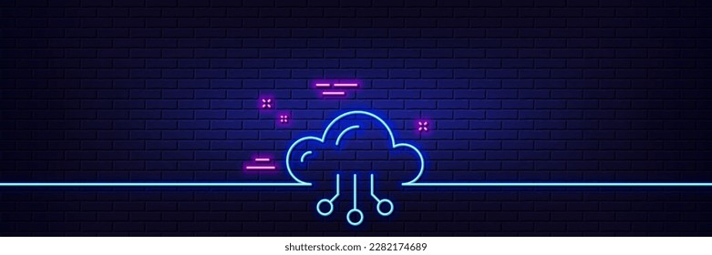 Neon light glow effect. Cloud computing line icon. Internet data storage sign. File hosting technology symbol. 3d line neon glow icon. Brick wall banner. Cloud computing outline. Vector