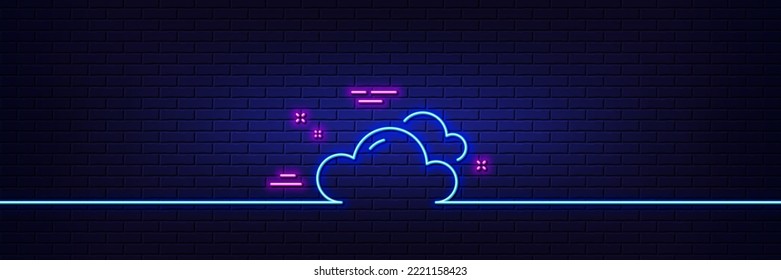 Neon light glow effect. Cloudy weather line icon. Clouds sign. Sky symbol. 3d line neon glow icon. Brick wall banner. Cloudy weather outline. Vector