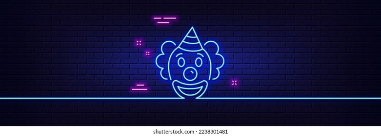 Neon light glow effect. Clown line icon. Amusement park funnyman sign. 3d line neon glow icon. Brick wall banner. Clown outline. Vector