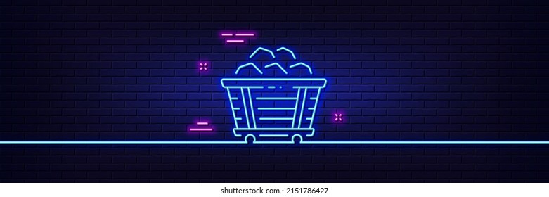 Neon light glow effect. Coal trolley line icon. Mine wagon sign. Stone or Rock cart symbol. 3d line neon glow icon. Brick wall banner. Coal trolley outline. Vector