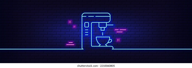 Neon light glow effect. Coffee maker line icon. Vending machine sign. Make tea symbol. 3d line neon glow icon. Brick wall banner. Coffee maker outline. Vector