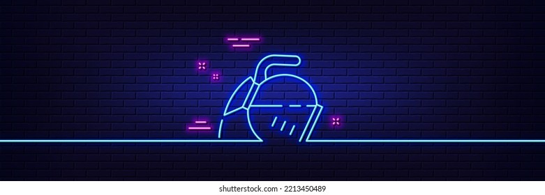 Neon light glow effect. Coffee pot line icon. Hot drink sign. Tea glass mug symbol. 3d line neon glow icon. Brick wall banner. Coffee pot outline. Vector