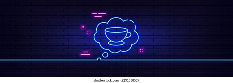Neon light glow effect. Coffee cup line icon. Hot cappuccino sign. Speech bubble symbol. 3d line neon glow icon. Brick wall banner. Coffee cup outline. Vector