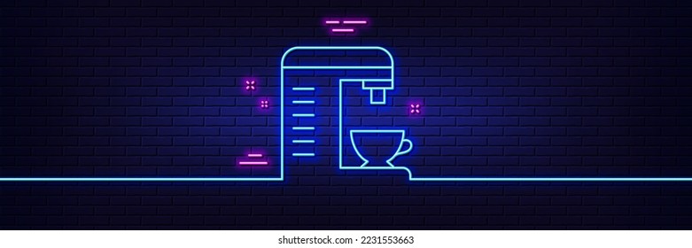 Neon light glow effect. Coffee machine line icon. Hot drink sign. Fresh beverage symbol. 3d line neon glow icon. Brick wall banner. Coffee machine outline. Vector
