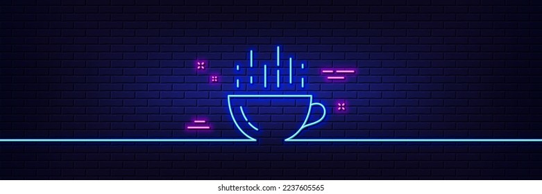 Neon light glow effect. Coffee cup line icon. Hot cappuccino sign. Tea drink mug symbol. 3d line neon glow icon. Brick wall banner. Coffee cup outline. Vector