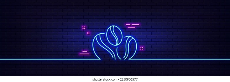 Neon light glow effect. Coffee beans line icon. Hot drink sign. Whole bean beverage symbol. 3d line neon glow icon. Brick wall banner. Coffee-berry beans outline. Vector