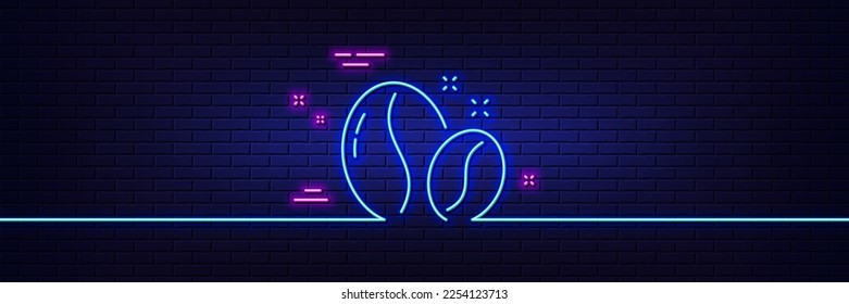Efecto luminoso neón. Icono de línea de granos de café. Signo de semilla de capuchino caliente. Símbolo de semillas asadas. Icono de resplandor de neón de 3d línea. Banner de pared de ladrillo. Esquema de granos de café. Vector