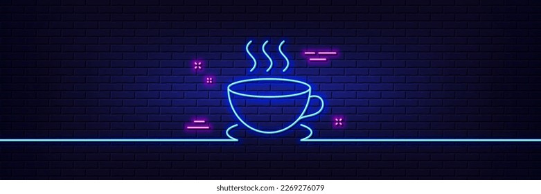 Neon light glow effect. Coffee drink line icon. Hot cup sign. Fresh beverage symbol. 3d line neon glow icon. Brick wall banner. Cappuccino outline. Vector