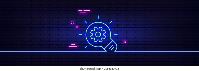 Neon light glow effect. Cogwheel line icon. Engineering tool sign. Idea bulb symbol. 3d line neon glow icon. Brick wall banner. Cogwheel outline. Vector