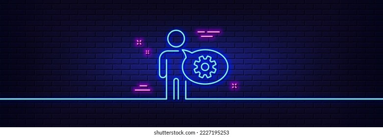 Neon light glow effect. Cogwheel line icon. Engineering tool sign. Man talk symbol. 3d line neon glow icon. Brick wall banner. Cogwheel outline. Vector