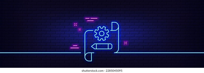Neon light glow effect. Cogwheel blueprint line icon. Engineering tool sign. Edit settings symbol. 3d line neon glow icon. Brick wall banner. Cogwheel blueprint outline. Vector