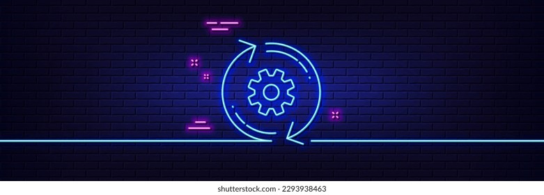 Neon light glow effect. Cogwheel line icon. Engineering tool sign. Cog gear, refresh settings symbol. 3d line neon glow icon. Brick wall banner. Cogwheel outline. Vector