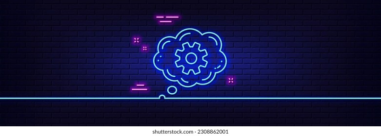Efecto luminoso neón. Icono de la línea de chat de la rueda del coñac. Signo de herramienta de ingeniería. Símbolo del engranaje de cog. Icono de resplandor de neón de 3d línea. Banner de pared de ladrillo. contorno del volante. Vector