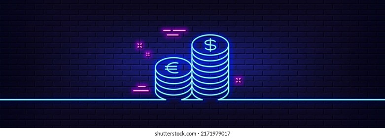 Neon Light Glow Effect. Coins Money Line Icon. Banking Currency Sign. Euro And Dollar Cash Symbols. 3d Line Neon Glow Icon. Brick Wall Banner. Currency Outline. Vector