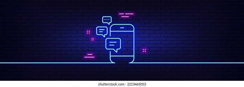 Neon light glow effect. Communication line icon. Smartphone chat symbol. Business messages sign. 3d line neon glow icon. Brick wall banner. Communication outline. Vector