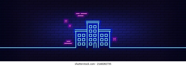 Neon light glow effect. Company house line icon. Building sign. 3d line neon glow icon. Brick wall banner. Company outline. Vector