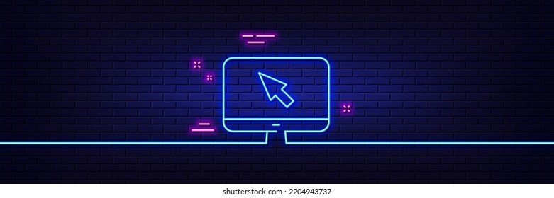 Neon Light Glow Effect. Computer Or Monitor Icon. Mouse Cursor Sign. Personal Computer Symbol. 3d Line Neon Glow Icon. Brick Wall Banner. Internet Outline. Vector