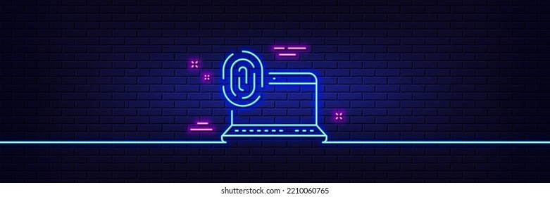 Neon light glow effect. Computer fingerprint line icon. Finger print scan sign. Biometric identity symbol. 3d line neon glow icon. Brick wall banner. Computer fingerprint outline. Vector