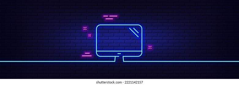 Neon Light Glow Effect. Computer Line Icon. PC Component Sign. Monitor Symbol. 3d Line Neon Glow Icon. Brick Wall Banner. Computer Outline. Vector