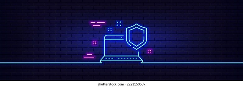 Neon light glow effect. Computer security line icon. Laptop privacy sign. Online safe defense symbol. 3d line neon glow icon. Brick wall banner. Computer security outline. Vector