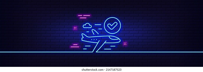 Neon light glow effect. Confirmed flight line icon. Approved charter sign. Verified airplane symbol. 3d line neon glow icon. Brick wall banner. Confirmed flight outline. Vector