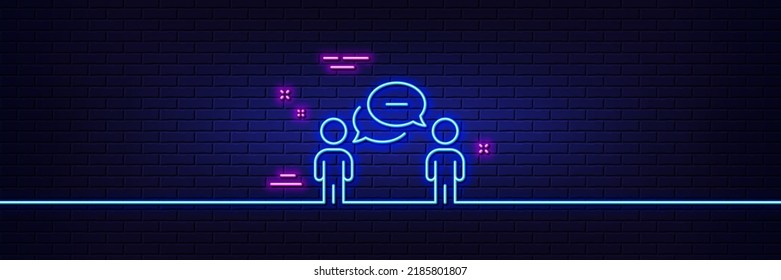 Neon light glow effect. Consulting business line icon. Discussion or consultation sign. People communication management symbol. 3d line neon glow icon. Brick wall banner. Vector