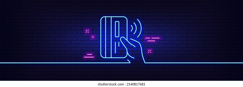 Neon light glow effect. Contactless payment card line icon. Money sign. 3d line neon glow icon. Brick wall banner. Contactless payment outline. Vector