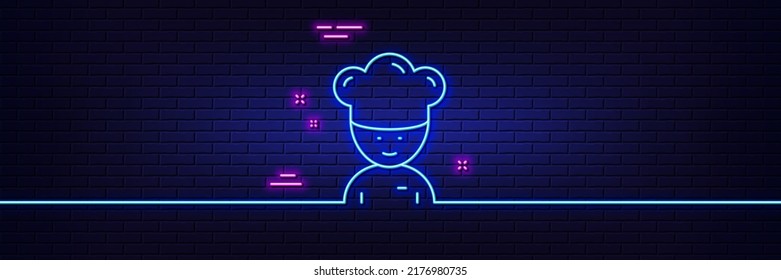 Neonhellgrauer Effekt. Kochen Sie das Symbol der Linie. Koch-Sous-Schild. Symbol für Lebensmittelzubereitungen. 3D-Linie Neonglühsymbol. Brick-Wand-Banner. Kochkurse-Umriss. Vektorgrafik