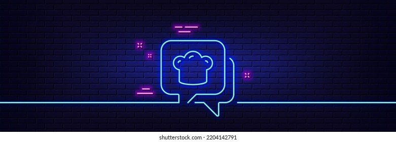 Neon light glow effect. Cooking hat line icon. Chef sign. Food preparation symbol. 3d line neon glow icon. Brick wall banner. Cooking hat outline. Vector