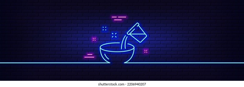 Neonhellgrauer Effekt. Kochen fügen Sie Wasser-Linie Symbol. Gebuchte. Symbol für Lebensmittelzubereitungen. 3D-Linie Neonglühsymbol. Brick-Wand-Banner. Kochen der Wasserlinie. Vektorgrafik