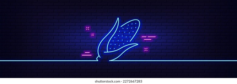 Neonhellgrauer Effekt. Symbol für Maislinie. Pflanzliches Lebensmittelzeichen. Ernährungszeichen. 3D-Linie Neonglühsymbol. Brick-Wand-Banner. Maislinie. Vektorgrafik
