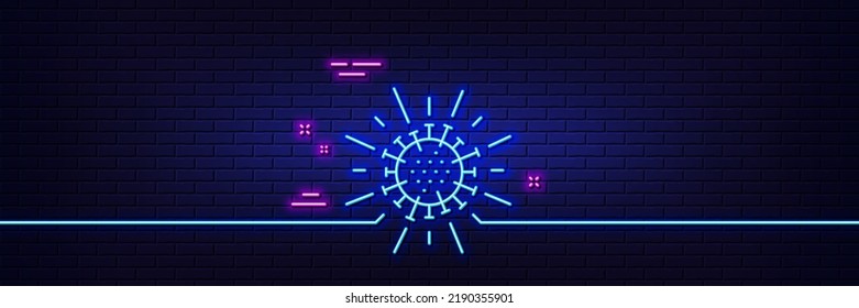 Efecto luminoso neón. Icono de línea de Coronavirus. Signo de virus pandémico Covid-19. Símbolo del virus Corona. Icono de resplandor de neón de 3d línea. Banner de pared de ladrillo. Esquema del Coronavirus. Vector