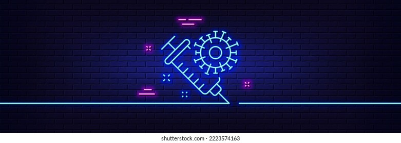 Neon light glow effect. Coronavirus vaccine line icon. Covid-19 syringe sign. Corona virus symbol. 3d line neon glow icon. Brick wall banner. Coronavirus vaccine outline. Vector