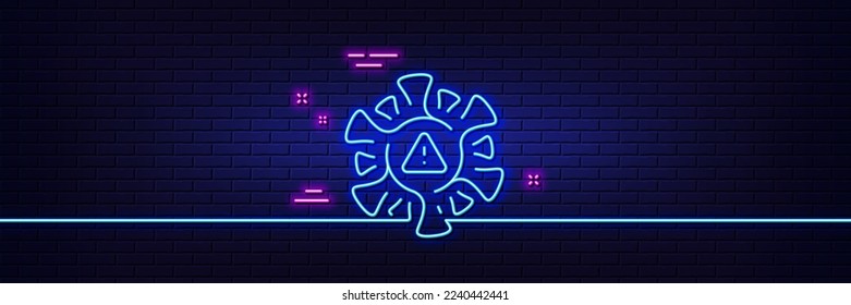Neon light glow effect. Coronavirus line icon. Covid virus sign. Infection alert symbol. 3d line neon glow icon. Brick wall banner. Coronavirus outline. Vector