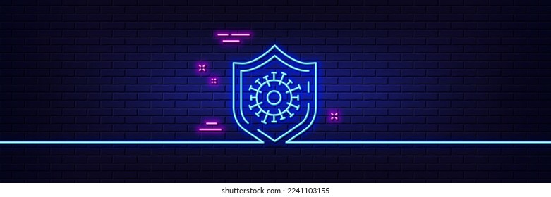 Neon light glow effect. Coronavirus protection line icon. Covid-19 pandemic virus sign. Corona virus symbol. 3d line neon glow icon. Brick wall banner. Coronavirus protection outline. Vector