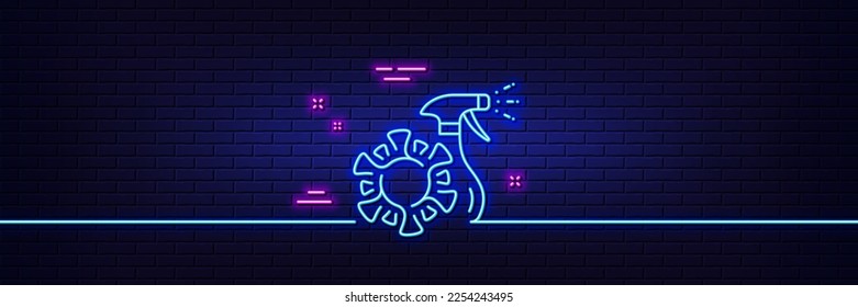 Neon light glow effect. Coronavirus spray sanitizer line icon. Covid virus sign. Antiseptic symbol. 3d line neon glow icon. Brick wall banner. Coronavirus spray outline. Vector