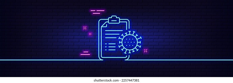 Neon light glow effect. Coronavirus report line icon. Covid-19 virus treatment sign. Corona virus symbol. 3d line neon glow icon. Brick wall banner. Coronavirus report outline. Vector