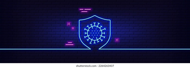 Neon light glow effect. Coronavirus protection line icon. Covid virus sign. Infection protect symbol. 3d line neon glow icon. Brick wall banner. Coronavirus outline. Vector