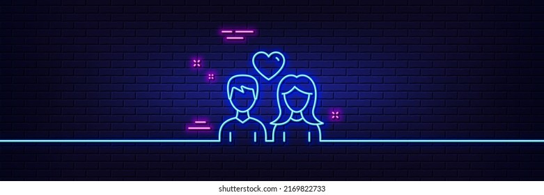 Neon light glow effect. Couple with Heart line icon. Users Group sign. Male and Female Person silhouette symbol. 3d line neon glow icon. Brick wall banner. Couple love outline. Vector