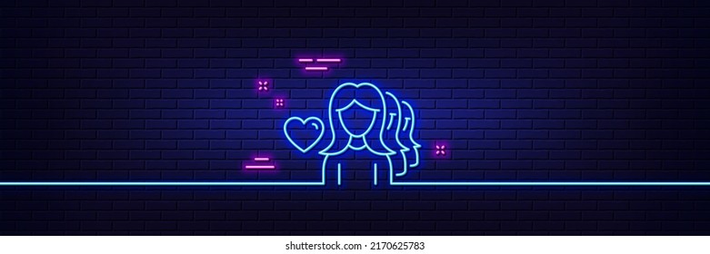 Neon light glow effect. Couple Love line icon. Group of Women sign. Valentines day symbol. 3d line neon glow icon. Brick wall banner. Woman love outline. Vector