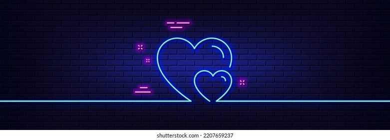 Neon Light Glow Effect. Couple Love Line Icon. Two Hearts Sign. Valentines Day Symbol. 3d Line Neon Glow Icon. Brick Wall Banner. Hearts Outline. Vector