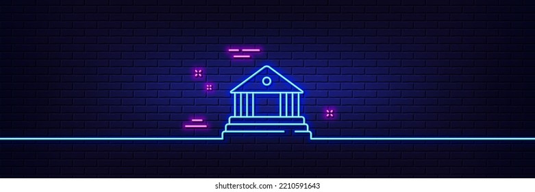 Neon light glow effect. Court building line icon. Administration of justice sign. Judgement law symbol. 3d line neon glow icon. Brick wall banner. Court building outline. Vector