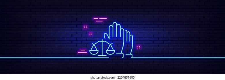 Neon light glow effect. Court jury voting line icon. Justice scales sign. Judgement law symbol. 3d line neon glow icon. Brick wall banner. Court jury outline. Vector