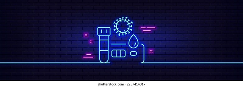 Efecto luminoso neón. Icono de la línea de prueba. Signo de prueba de coronavirus. Símbolo del tubo de prueba de sangre. Icono de resplandor de neón de 3d línea. Banner de pared de ladrillo. Esquema de prueba de Covid. Vector