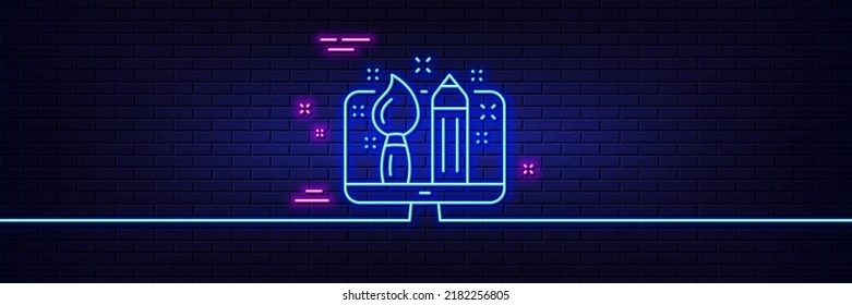 Neon light glow effect. Creative design line icon. Graphic designer sign. Brush and pencil symbol. 3d line neon glow icon. Brick wall banner. Creative design outline. Vector