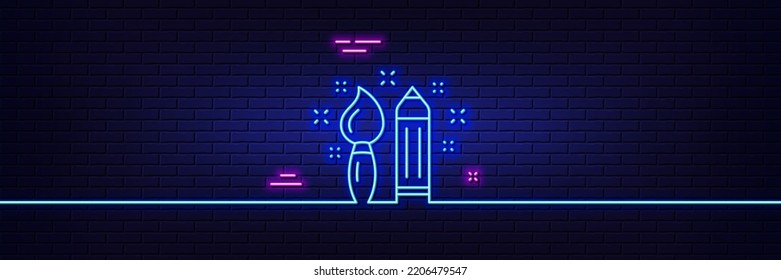 Neon light glow effect. Creativity line icon. Graphic art sign. Brush and pencil symbol. 3d line neon glow icon. Brick wall banner. Creativity outline. Vector